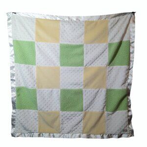 CoCalo Minky Dots Yellow Green Patchwork Satin Lovey Security Blanket 31" X 32"